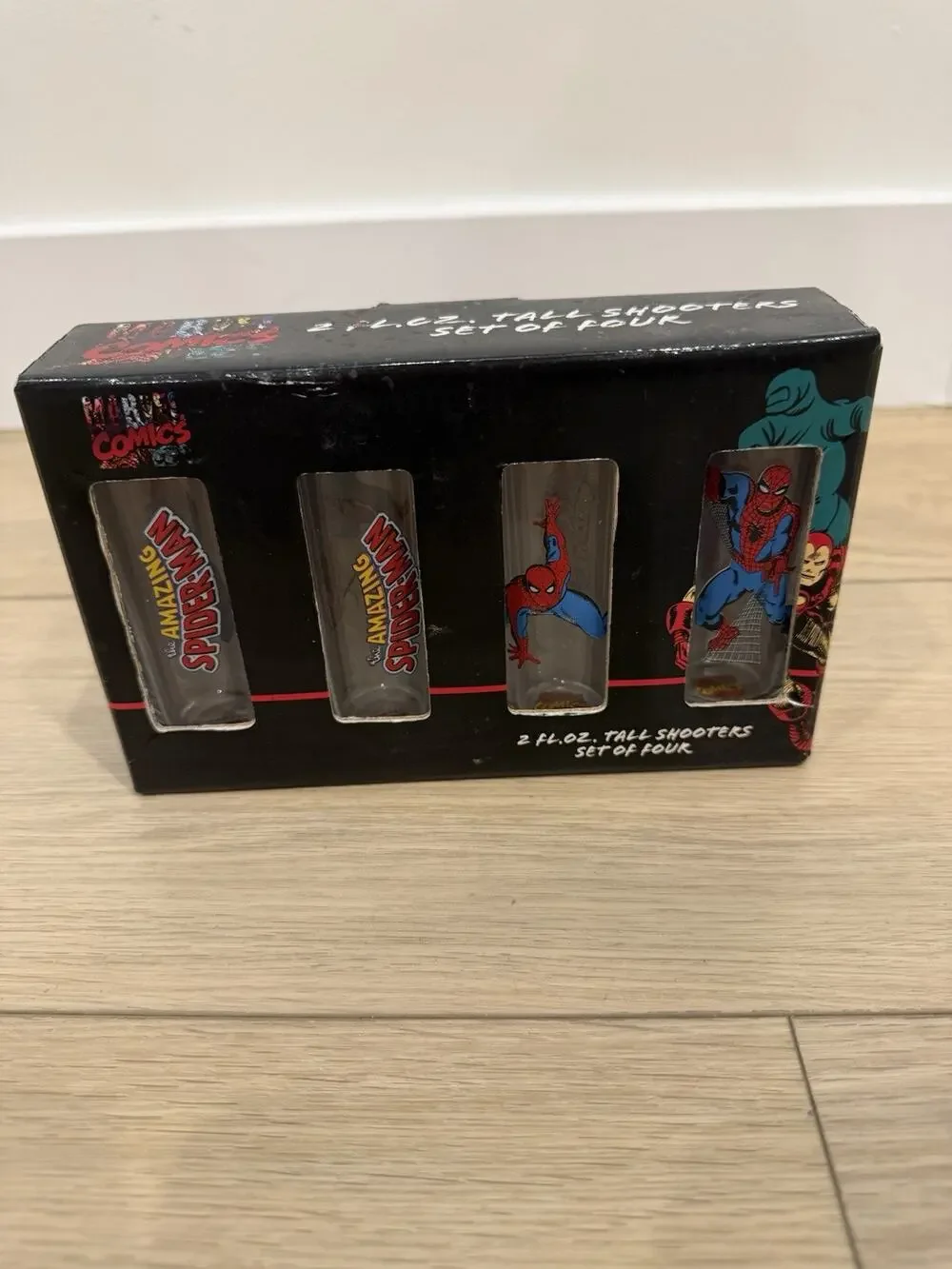 New In Box- Spider Man Marvel tall shooters 2 oz Set Of Four Bar Or Display